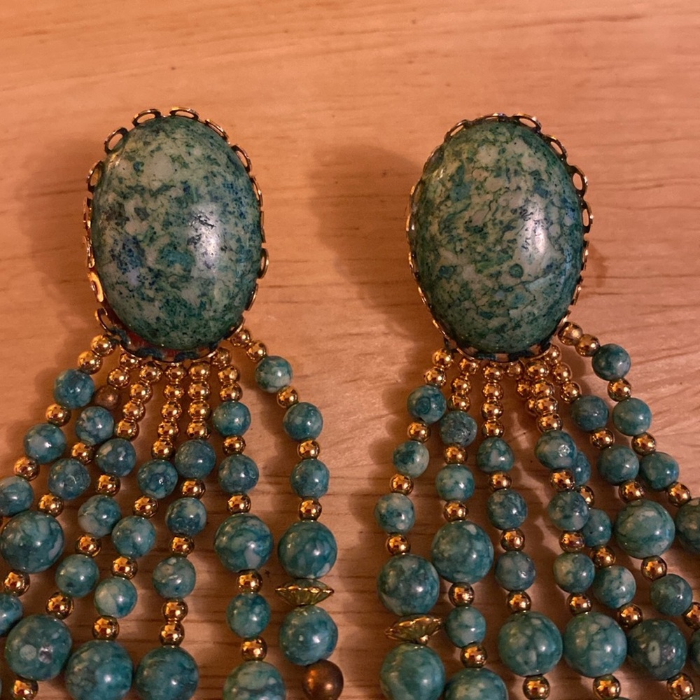 Elegant Turquoise and Gold Dangle pierce Earrings - Picture 2 of 6
